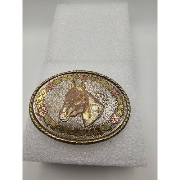 Vintage Other - Vintage W Horse Head Belt Buckle Western Floral Rope Edge Made in USA Multi-Tone